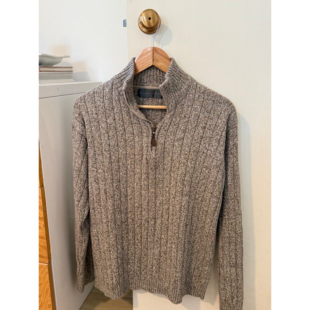 Oscar de la Renta Quarter Zip Sweater XL Taupe Ribbed Knit Cozy ✨